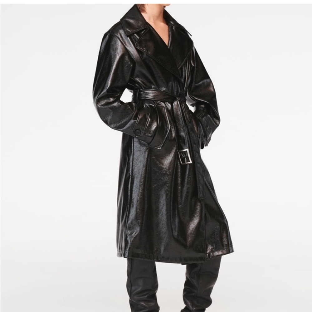 STEVEN MEISEL - ZARA BLACK FAUX LEATHER BELTED TRENCH COAT